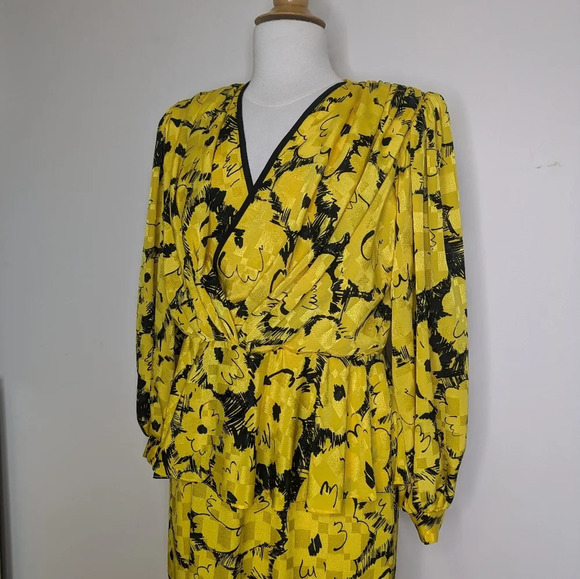 Maison Missy House 70s Peplum Maxi Dress Yellow Vneck Long Sleeve Size S/M - Picture 7 of 17